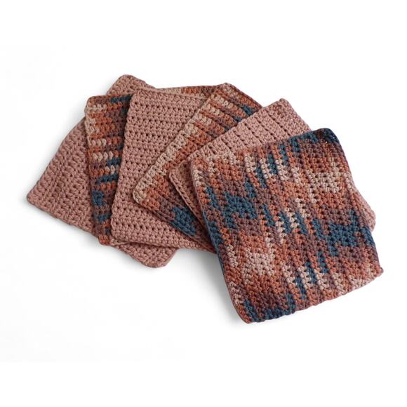 Handmade Other - (6) Handmade Crocheted Dishcloths Washcloths 100% Cotton 8" x 8" Brown Gray Tan